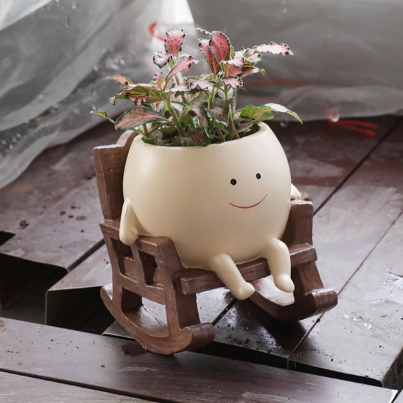 Smily Face Planter Pot Cute Resin Flower Head Planters for Indoor Outdoor Unique Sit Rocking Chair Succulent Pots Gift IdeaI for Mother and Appreciation Teachers' Day with Drainage Hole