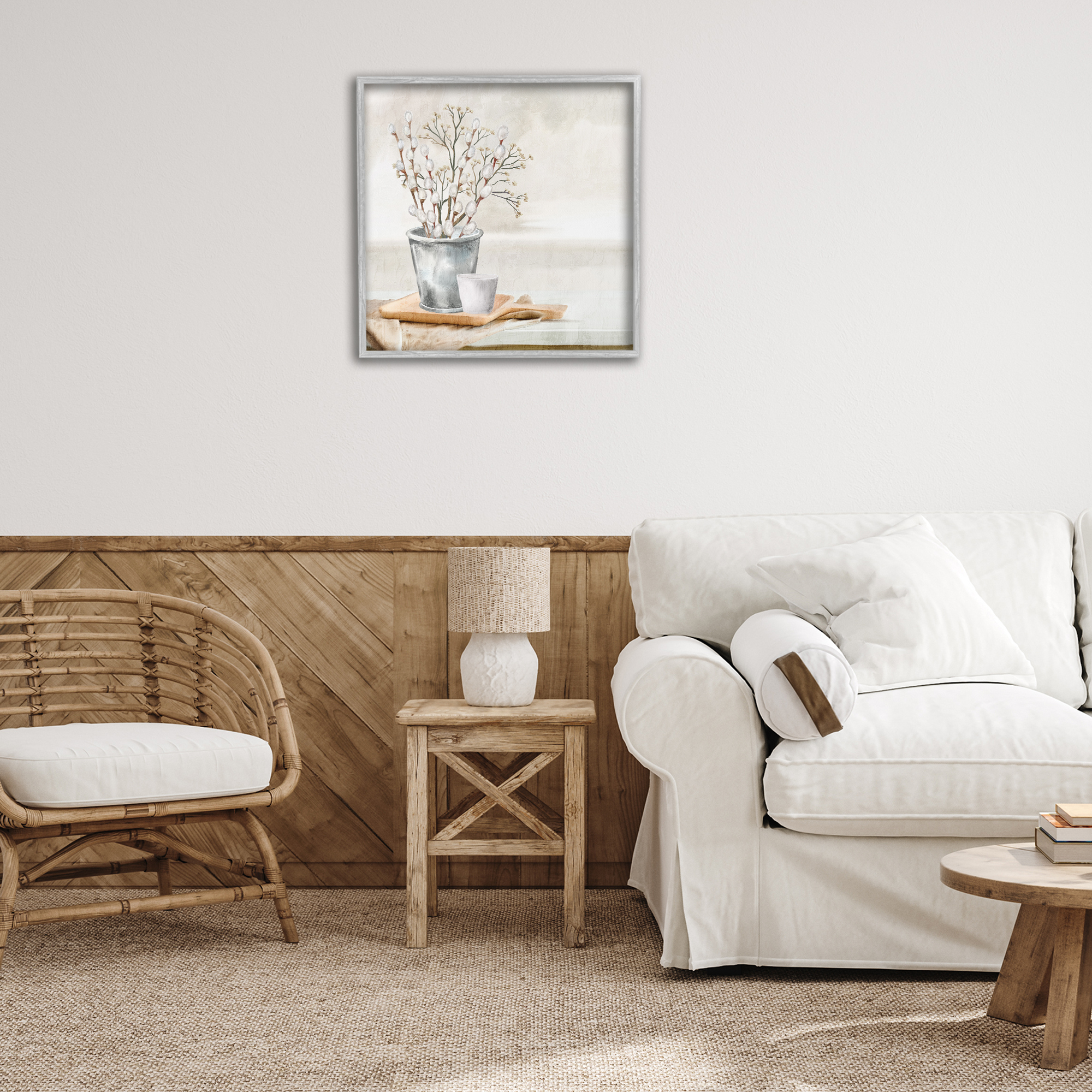 Stupell Industries Pussy Willow Still Life Botanical & Floral Painting Gray Framed Art Print Wall Art, 24 x 24