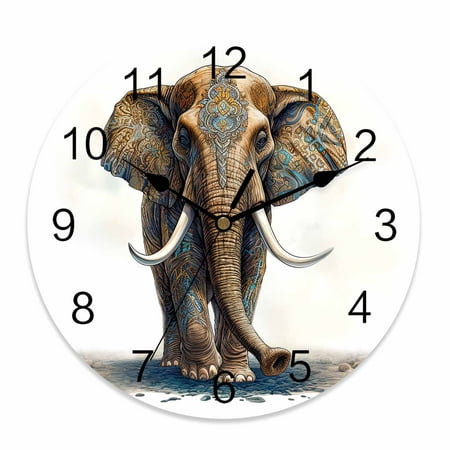 Silent Wall Clocks Battery Operated, Vintage Boho Tribal Round Decorative Wall Clock for Living Room Bedroom Kitchen Bathroom Classroom Decor, 12 Inch Elephants Ivory Chocolate Brown