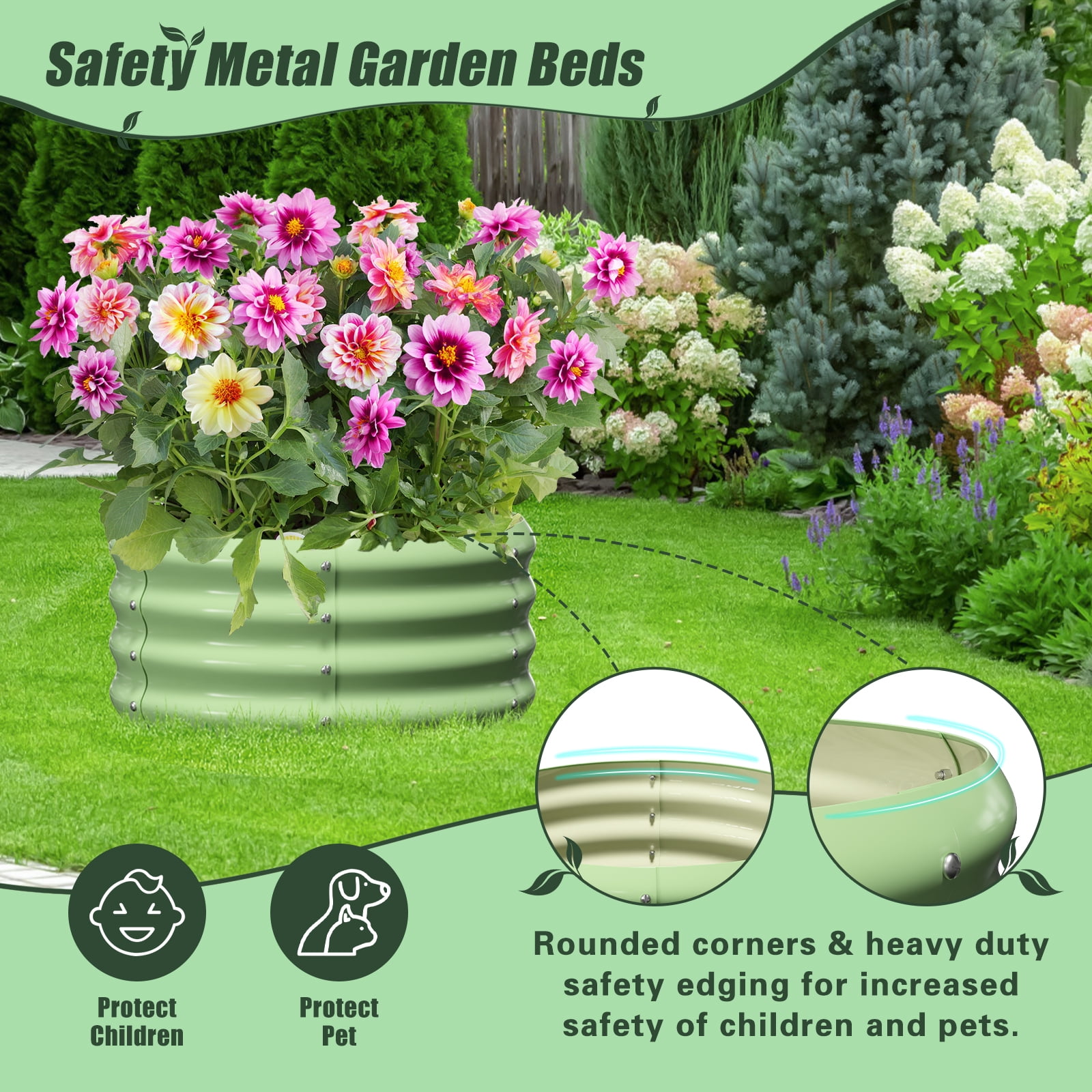Slsy 3 Pcs 24x24x12in Round Galvanized Raised Garden Bed with Tomato Cages, Metal Planter Box for Planting Plants Vegetables Herbs Flowers