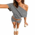 thumbnail image 3 of Carlikeit Women's 2 Piece Striped Matching Set Off Shoulder Crop Top and Skinny Shorts Summer Outfit, 3 of 11