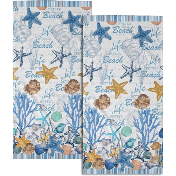 Coral Starfish Hand Towels for Bathroom，Nautical Coastal Seashell Guest Towels 14.4 x 28.3 Inch Set of 2 Soft Small Bath Towel Kitchen Dish Towels for Home Hotel Gym Spa