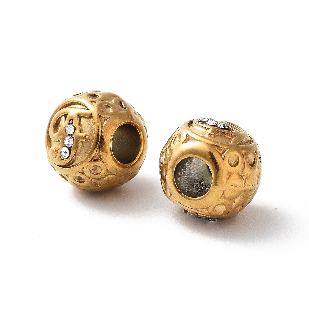 Ion Plating(IP) 304 Stainless Steel Rhinestone European Beads Round Large Hole Beads Real 18K Gold Plated Round with Letter Letter F 11x10mm