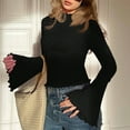 thumbnail image 4 of gbyLJF Women's Mock Neck Shirts Solid Color Long Sleeve Pullover Tops Casual Slim Fit Flare Sleeve Shirt Tops, 4 of 9