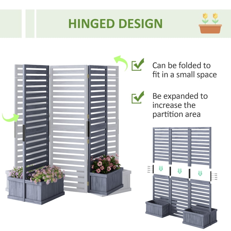 Alvantor Privacy Screen with 4 Planter Boxes, 3-Panel Freestanding Raised Room Divider 62.5"x19"x66" Wood