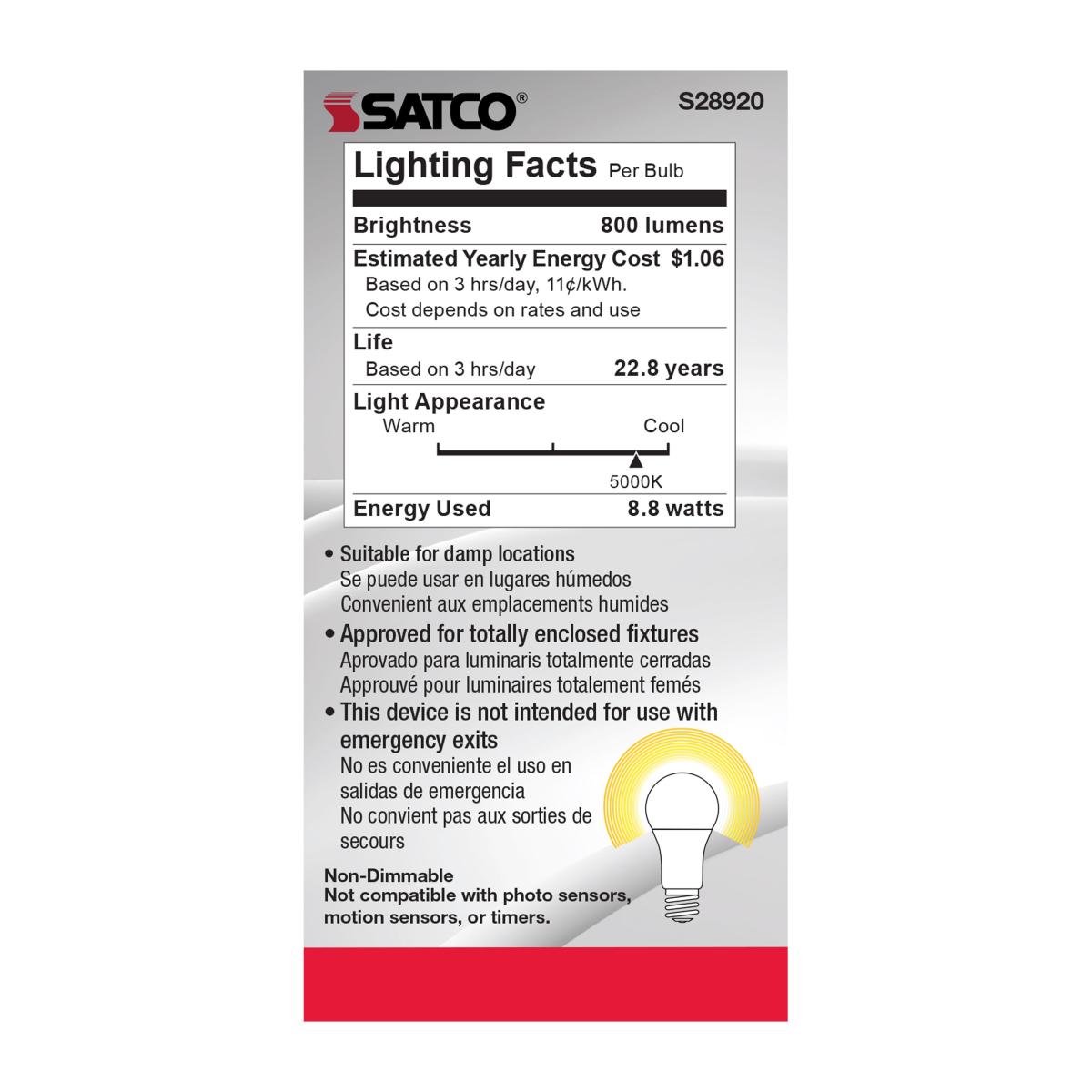 Satco  S28920 8.8W 120V LED A19 Light Bulbs 5000K 800L E26 Medium Base (6 Pack)