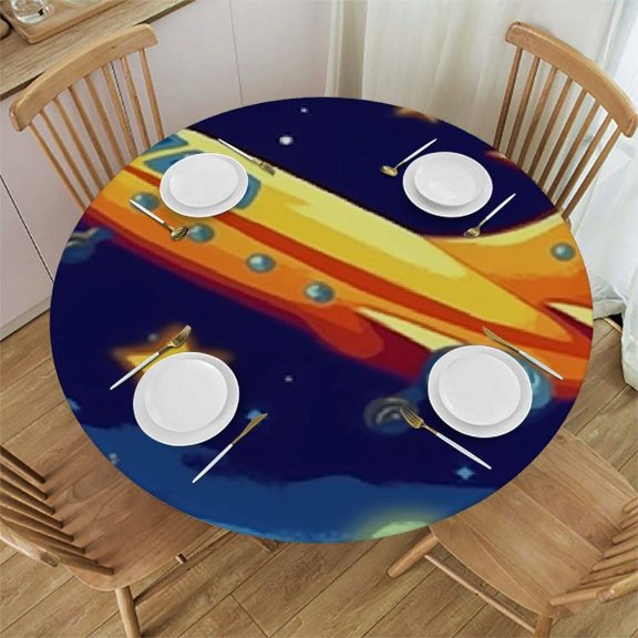 Round Fitted Polyester Tablecloth for Kids, Car Airplane Elastic Edge Home Decor Table Cover, Dust Proof Washable Fabric Table Cover