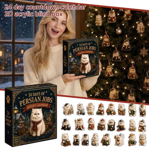 Cat Advent Calendar with 2D Acrylic Blind Box Figures, 24 Pieces, Persian Cat in Various Jobs Design, for Christmas Decor, Countdown Calendar