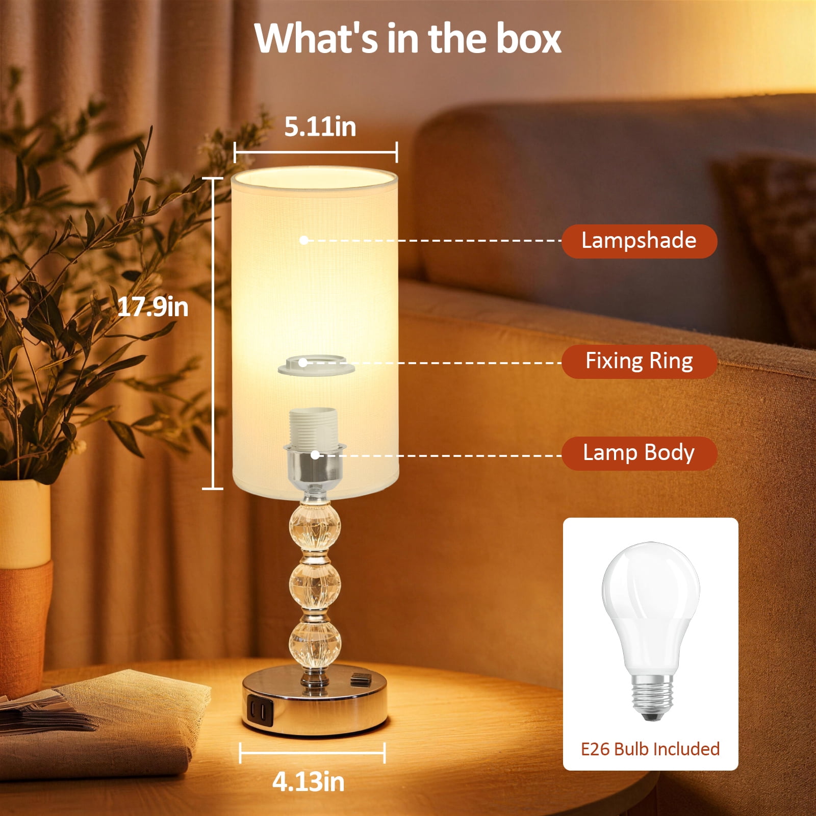 Crystal Table Lamps for Bedroom 17.9", 3 Way Dimmable Touch Control Bedside Lamp with USB C+A Fast Charging Ports, Nightstand Lamp for Office, Living Room, Reading(E26 Light Bulb Included), White