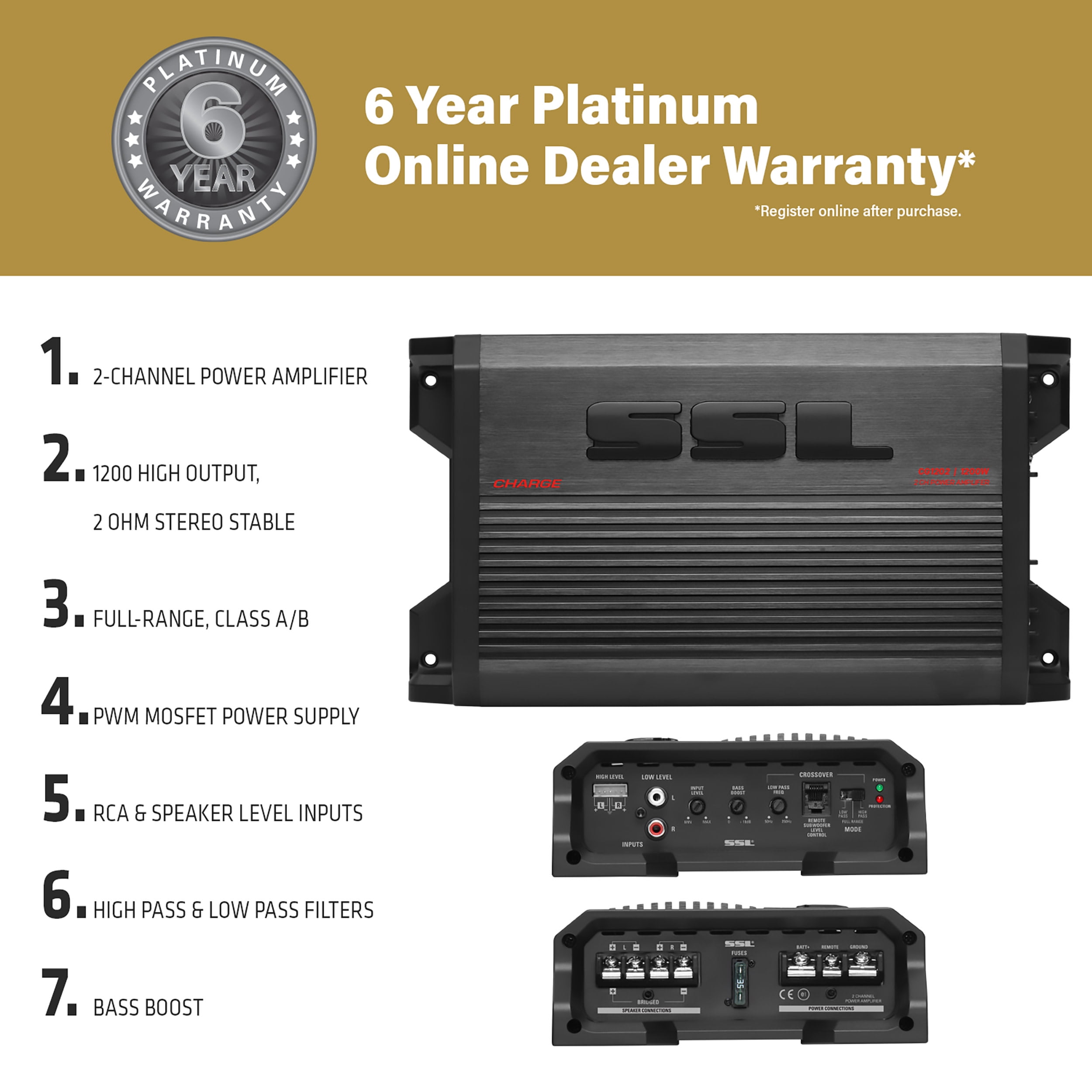 Sound Storm Laboratories CG1202 2 Channel 1200 Watt Car Amplifier, Bridgeable