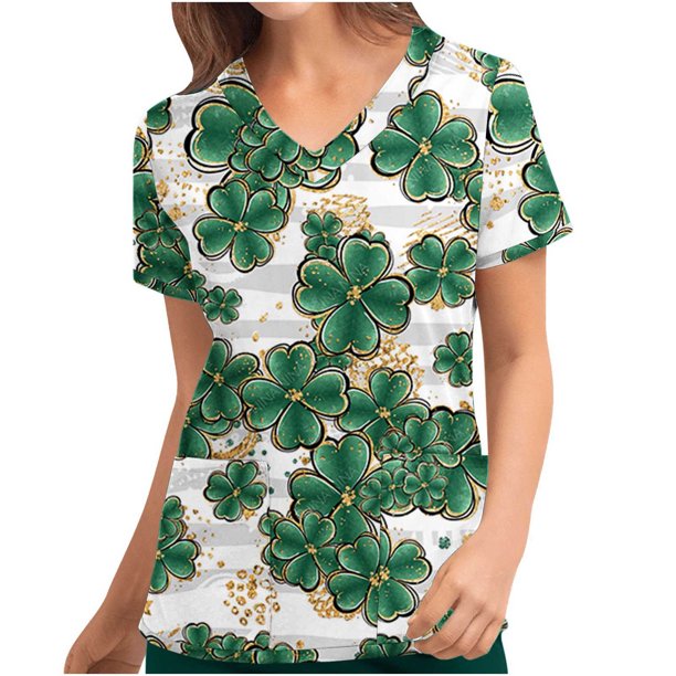 Fiudx Camisas para Mujer Blusa de Manga Corta con Cuello En V para Mujer, Blusa con Bolsillos Estampados para El Día de San Patricio, Enfermería