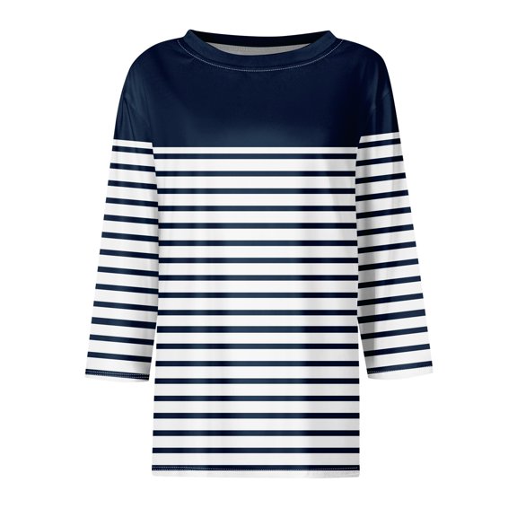 3/4 Length Sleeve Womens Summer Tops Casual Crewneck Shirts Loose Fit Basic Tees Trendy Printed Tunic Blouses Blue S