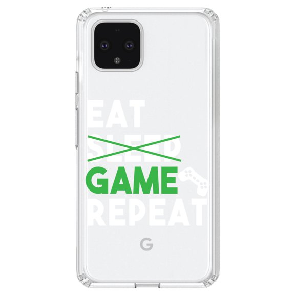 DistinctInk Clear Shockproof Hybrid Case for Google Pixel 4 (6.1" Screen) - TPU Bumper Acrylic Back Tempered Glass Screen Protector - Eat Game Repeat - Video Games Gamer