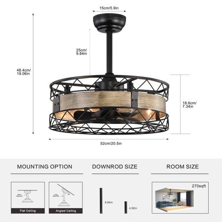 

Stylish 20.5” Caged Ceiling Fan with Remote Control Timer 3 Speeds - 5 ABS Blades - Ideal for Farmhouse Bedroom Living Room - No Bulbs Included