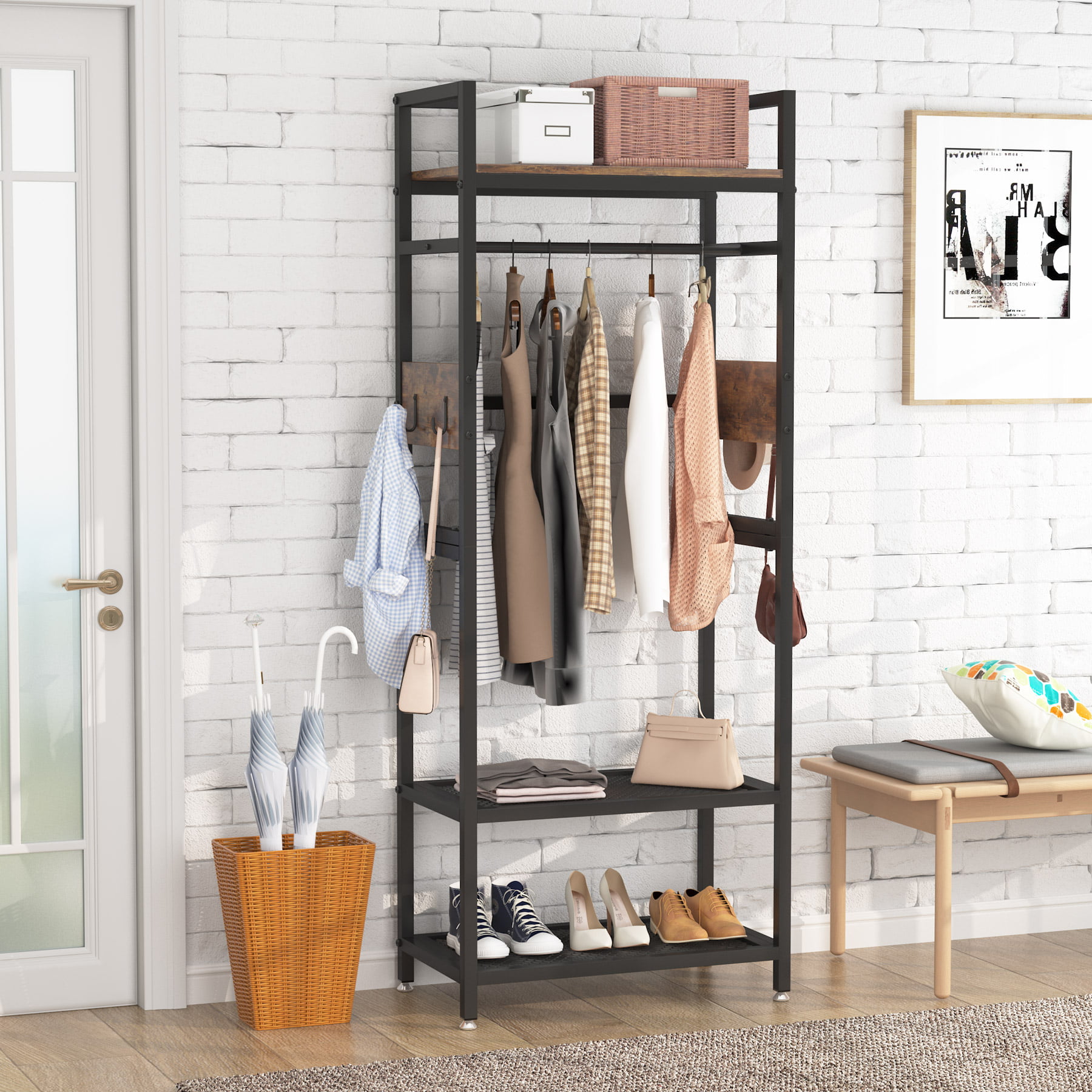 Tribesigns Entryway Hall Trees with Hooks and Shoes Bench Coat Rack Freestanding Closet Organizer Clothes Garments Storasge Shelf for Hallway Bedroom