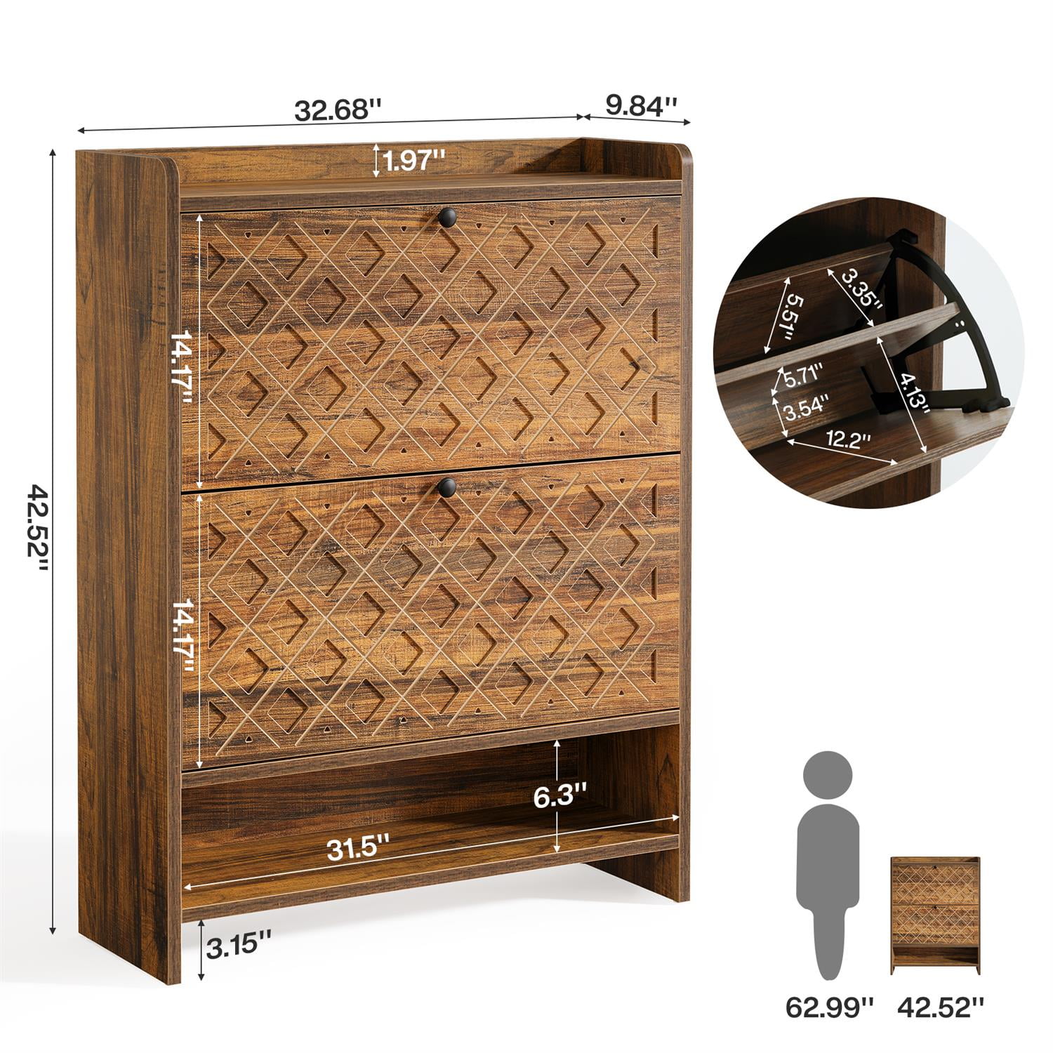 Demi Bonn 42" Wooden Shoe Cabinet, 2-Drawer Entryway Storage, Space-Saving Entryway, Modern Home Decor, Brown