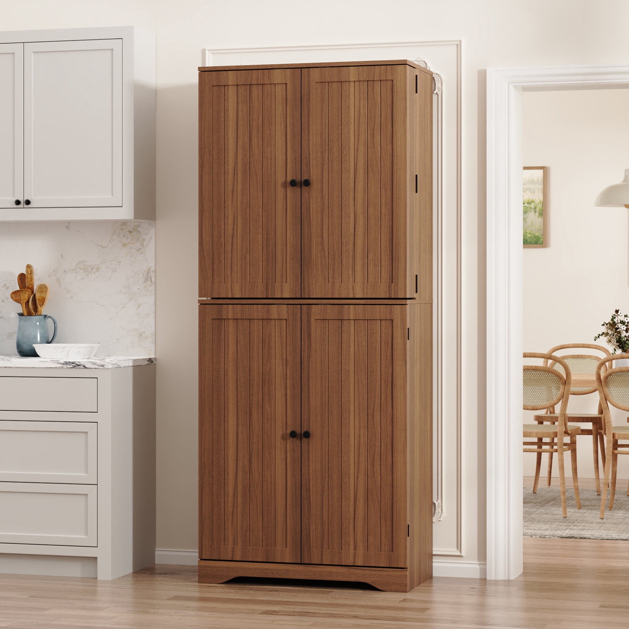 Farmhouse Pantry Storage Cabinet, 72" Tall Kitchen Pantry with Doors Organizer, Freestanding Cupboard with Adjustable Shelves, Rustic Buffet Cabinet for Kitchen, Dining Room, Bathroom, Oak