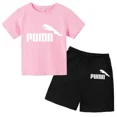 thumbnail image 4 of Conjunto de dos piezas de camiseta y pantalón corto de algodón con estampado informal de moda de verano para niños y niñas de 2 a 12 años, 4 of 5