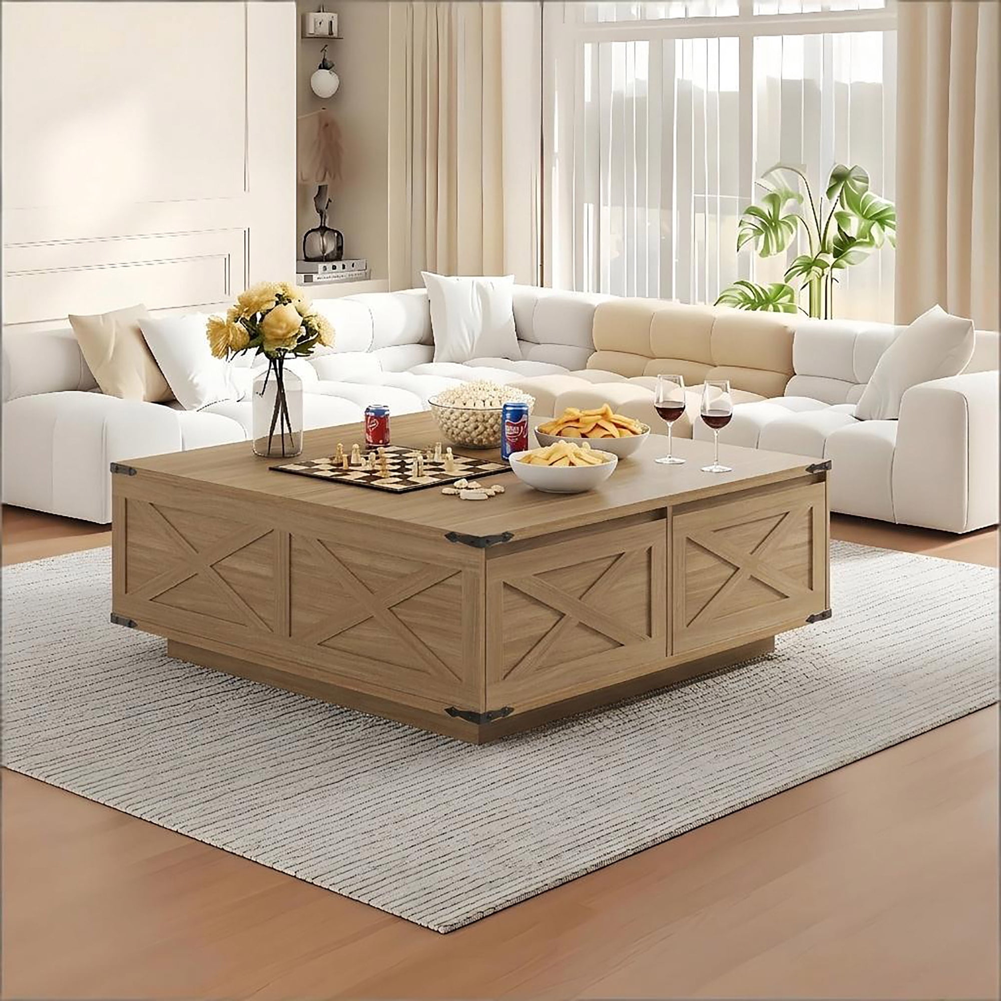 47" Farmhouse Square Coffee Table with 4 Storage Drawers, Rustic Wood Center Table for Large Living Room & Sectional Sofa, Modern Floating Base Design