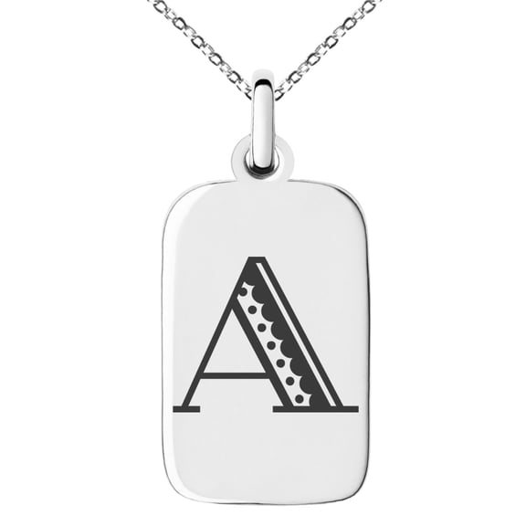 Stainless Steel Letter A Initial Metro Retro Monogram Engraved Small Rectangle Dog Tag Charm Pendant Necklace