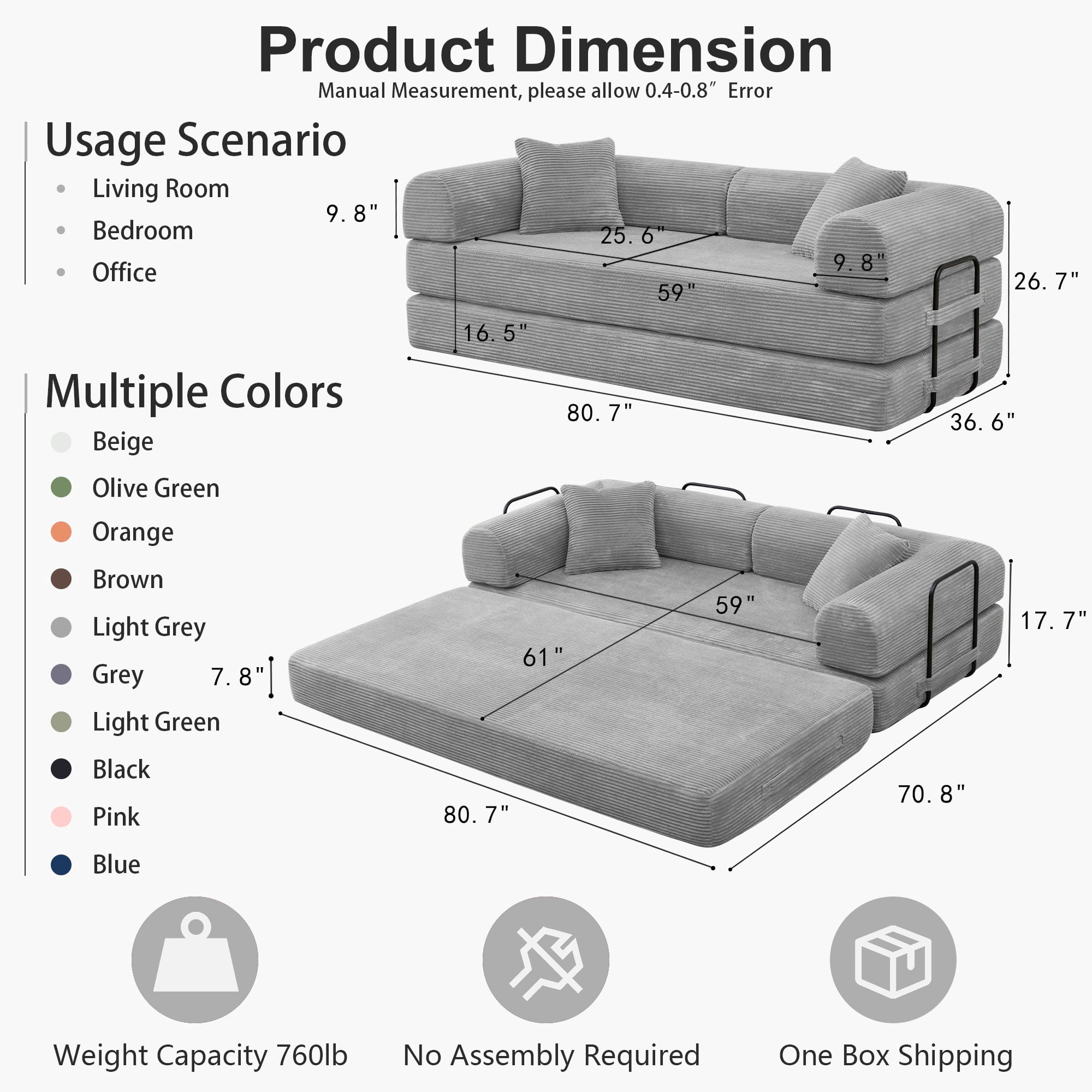 78" Boneless Convertible Sleeper Sofa Bed, Holaki Corduroy Compression Folding Sofa with Pillow & 3 Seat, Fixed-Shape Frame, Floor Sofas Lounge Couch for Living Room Bedroom Apartment, Light Gray