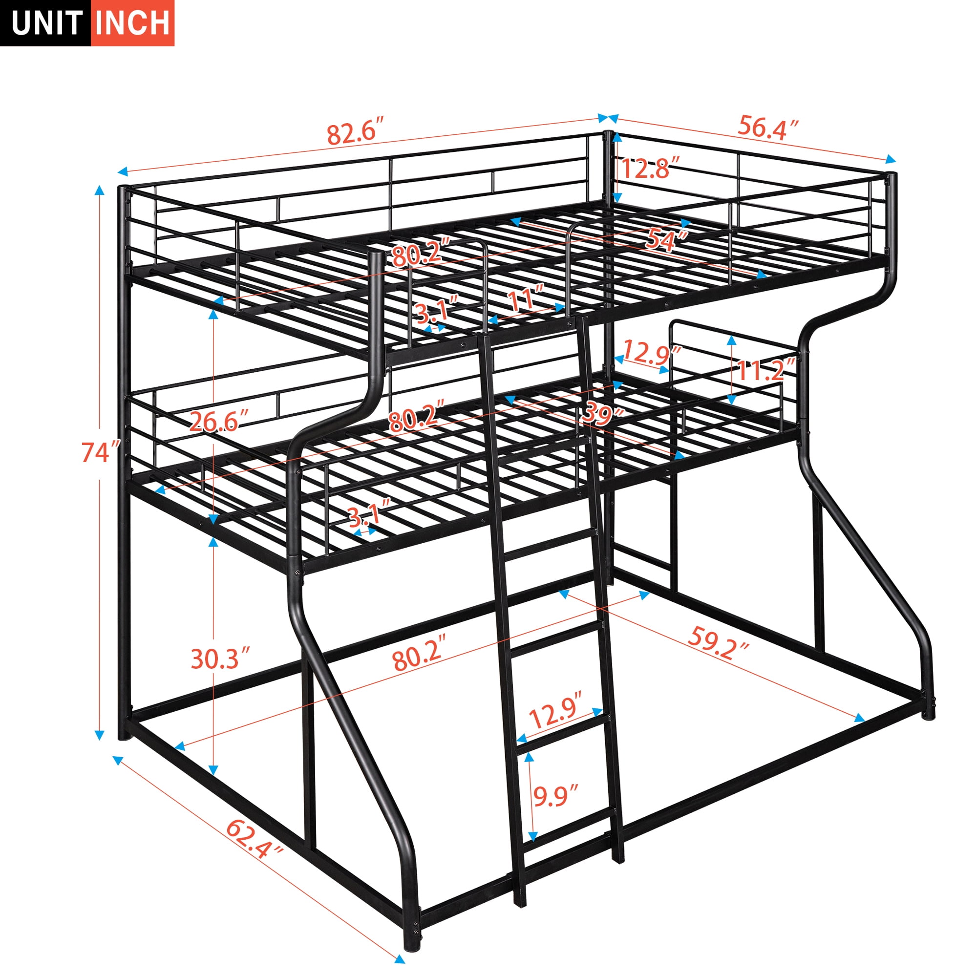 Full XL over Twin XL over Queen Size Triple Bunk Bed,Heavy Duty Metal Triple Bed for Kids,Black