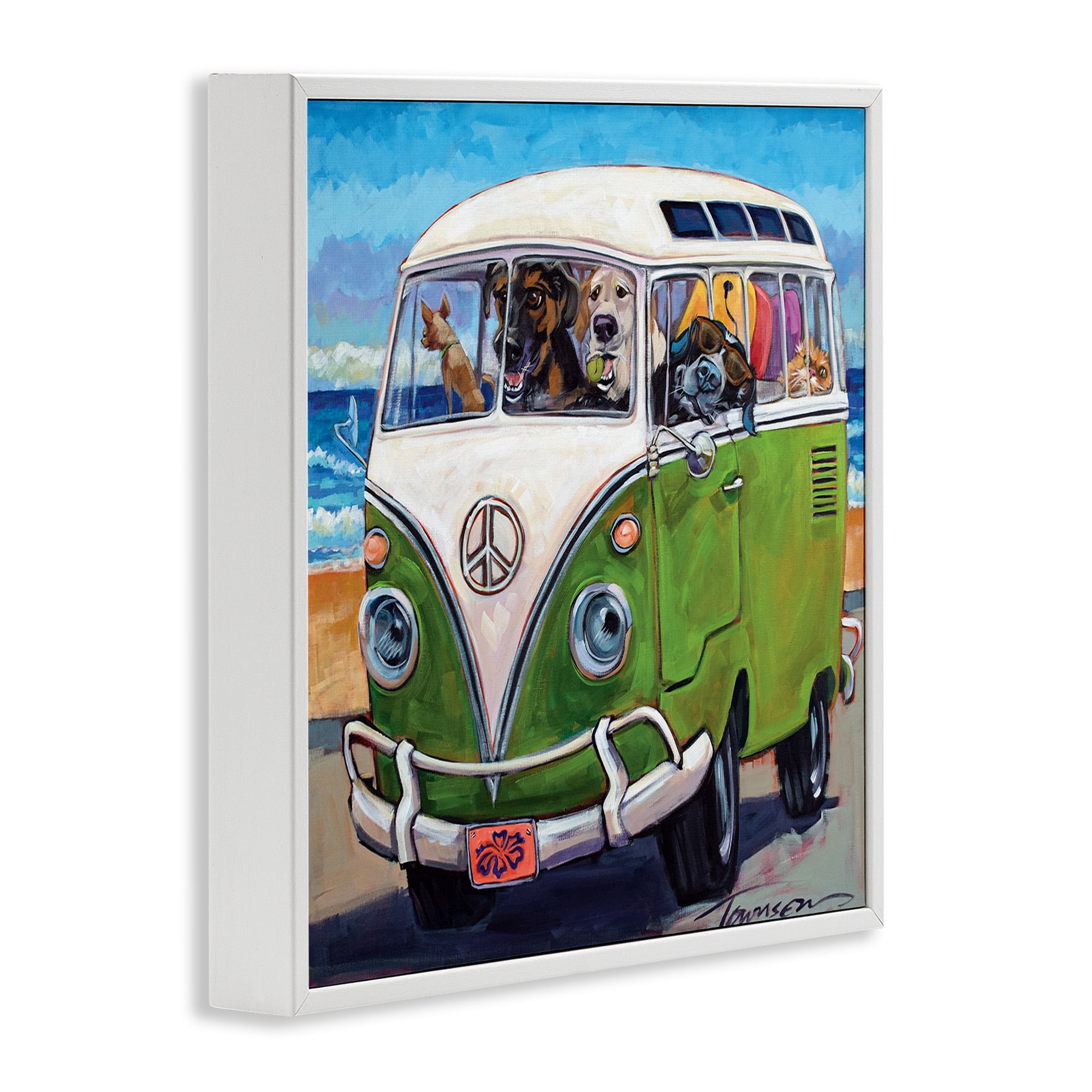 Stupell Industries Dogs Driving Retro Van Animals & Insects Painting White Framed Art Print Wall Art, 17 x 17
