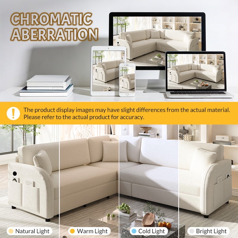 85.1" L-Shaped Sleeper Sofa with Pull Out Bed, Convertible Sectional Sofa Couch with USB Charging Port & Side Pocket, Sherpa Fleece Upholstered Sofa Bed, Oversized 5-Seat Sofa for Living Room