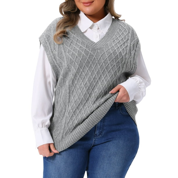 Suéter sin mangas de punto acanalado para mujer de tallas grandes Agnes Orinda, suéter casual de pullover gris 3X