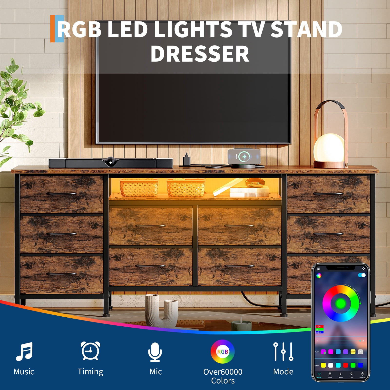 Kicctian 63" Wide Black Dresser with 10 Fabric Drawers Dresser with LED Lights and Power Outlet – Dresser for Bedroom & TV Stand for Living Room,Brown