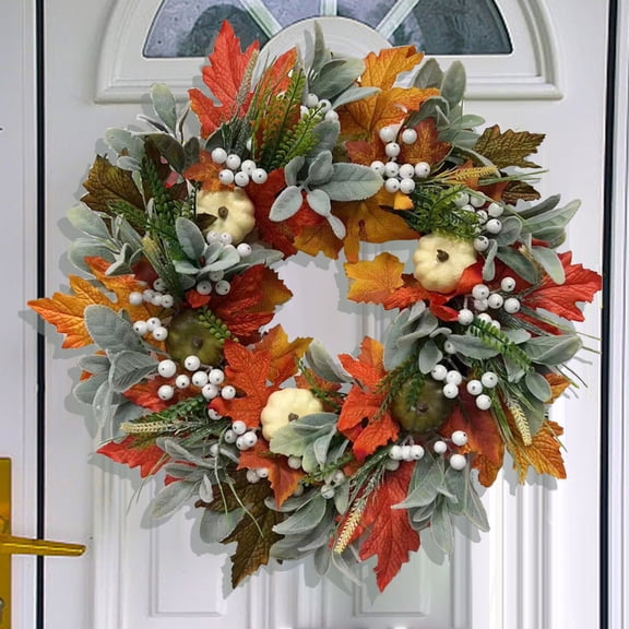 Halloween Wreath Decoration, Skeleton White Pumpkin Maple Leaf Wreath, Simulation Fall Autumn Door Hanging Garland for Halloween Thanksgiving Front Door Decor