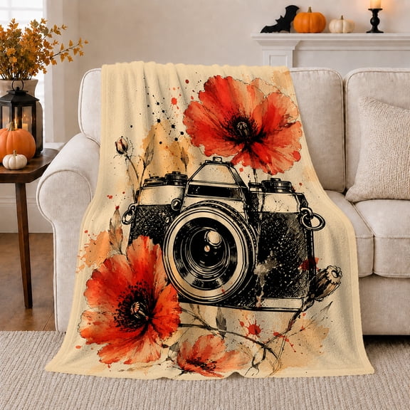 Vintage Camera with Red Poppies, Artistic Photography Style for Photographers, Floral Lens Motif and Birthday Gift, Cozy Flannel Blanket for Studio and Bedroom, Home Decor
