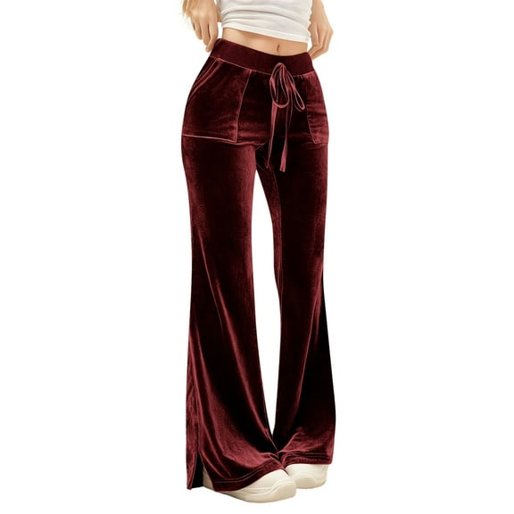 ABATAB Women's Velvet Pants Wide Leg Drawstring Elastic High Waisted Flare Yoga Pants Soft Casual Comfy Trousers with Pockets