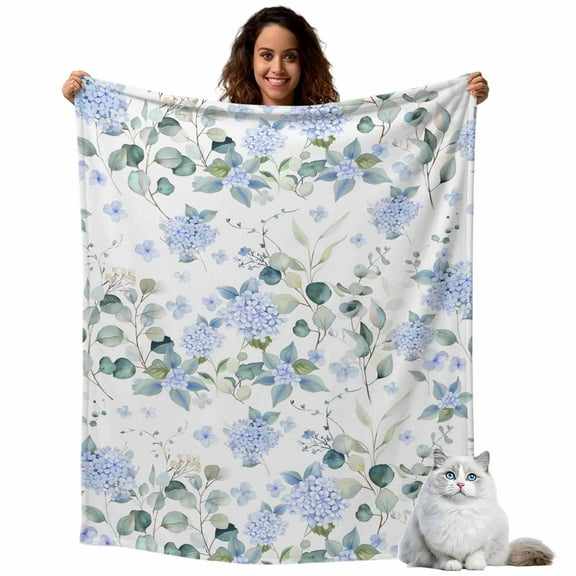Farm Hydrangea Flower Blue Throw Blanket Flannel Fleece Throws, Country Eucalyptus Leaf Floral Lightweight Super Soft Warm Blankets for Couch Sofa Bed All Season Use, 40x50 in