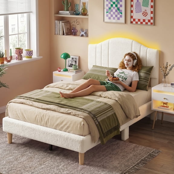 Pinmoco Twin Upholstered Bed Frame with Adjustable Arc-shaped Headboard, LED Platform Bed, Teddy Velvet White