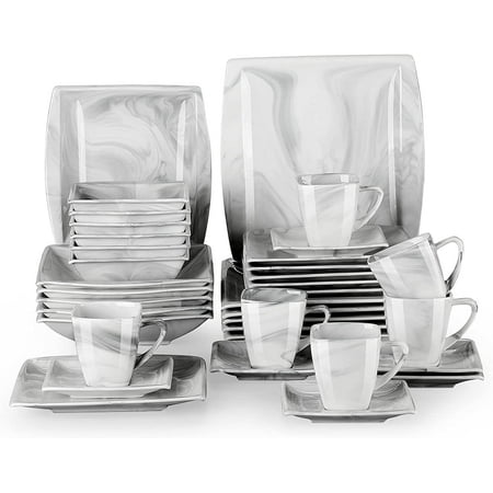 

Square Dinnerware Sets 30 Piece Marble Grey Dish Set for 6 Porcelain Plates and Bowls Sets with Dishes Plates Cups and Saucers Plate Bowl Set Dinnerware Microwave Safe Series Blance