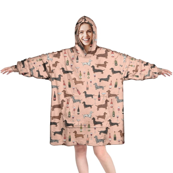 Wearable Blanket Hoodie,Dachshund and Wine Pink Pattern Oversized Sherpa Blanket Hoodie with Super Pockets,Super Warm Fuzzy Pullover for Women & Men