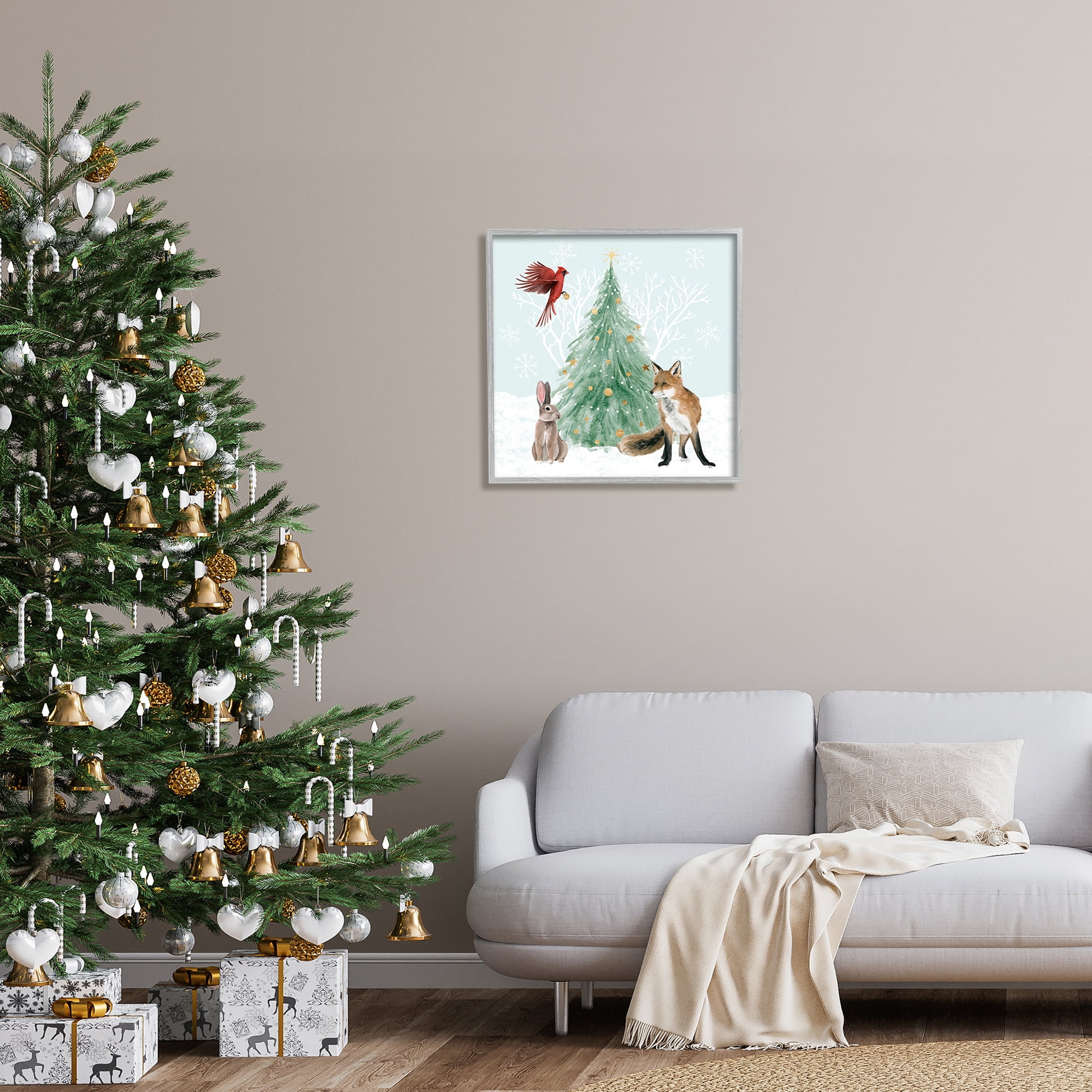 Wintery Wildlife Decorated Christmas Tree Snowflakes Animals & Insects Painting Framed Art Print Wall Art