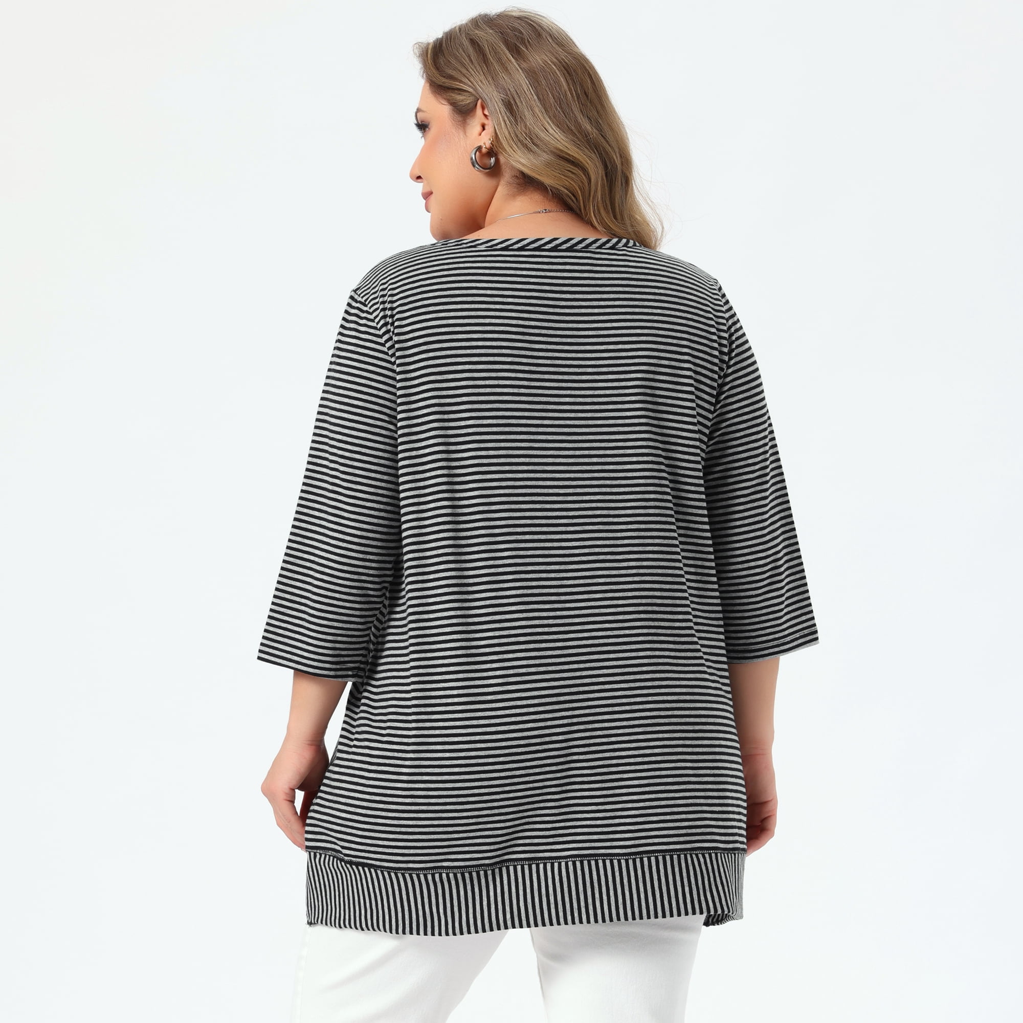 DARING DIVA Women's Plus Striped Loose Tunic Top Scoop Neck High Low Hem Blouse 3X Gray