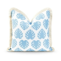 Hofdeco Premium Coastal Hampton Style Patio Indoor Outdoor Pillow Cover Only, 20"x20" Water Resistant for Backyard, Couch, Baby Blue Monstera Leaf Fringe