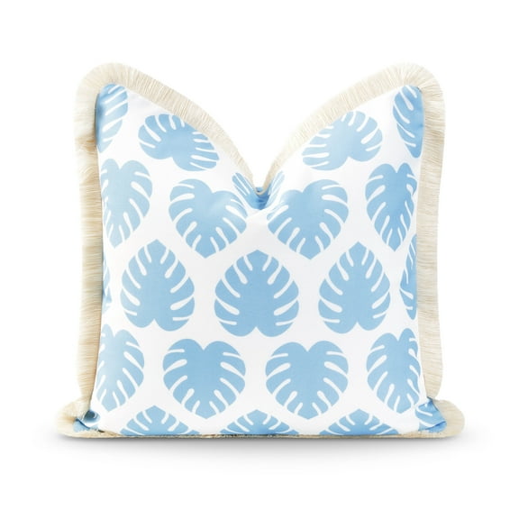 Hofdeco Premium Coastal Hampton Style Patio Indoor Outdoor Pillow Cover Only, 20"x20" Water Resistant for Backyard, Couch, Baby Blue Monstera Leaf Fringe