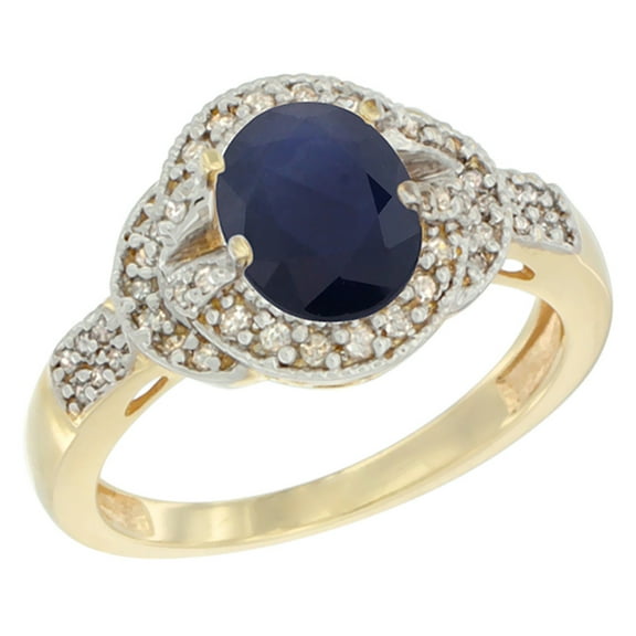 14K Yellow Gold Natural Blue Sapphire Ring Oval 8x6 mm Diamond Accent, size 7