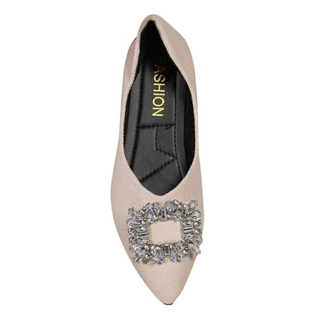 hopeusnice Clearance Women s Rhinestone Buckle Pointed Toe Flats Slip On Shoes Comfortable Low Heel Ballerinas Elegant Wedding Party Dress Shoes Beige 38