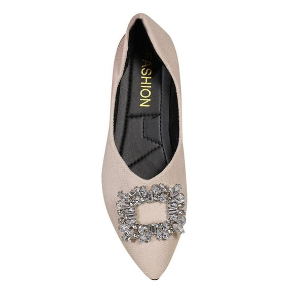 hopeusnice Women's Rhinestone Buckle Pointed Toe Flats Slip On Shoes Comfortable Low Heel Ballerinas Elegant Wedding Party Dress Shoes Beige 40