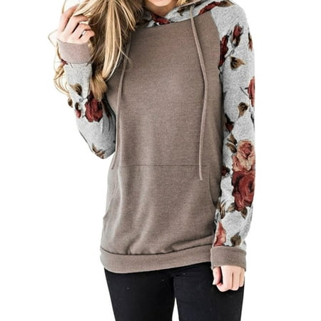 Drawstring Thermal Sweatshirt - 711ONLINESTORE Women Long Sleeve Floral Print Drawstring Hoodie with Pocket