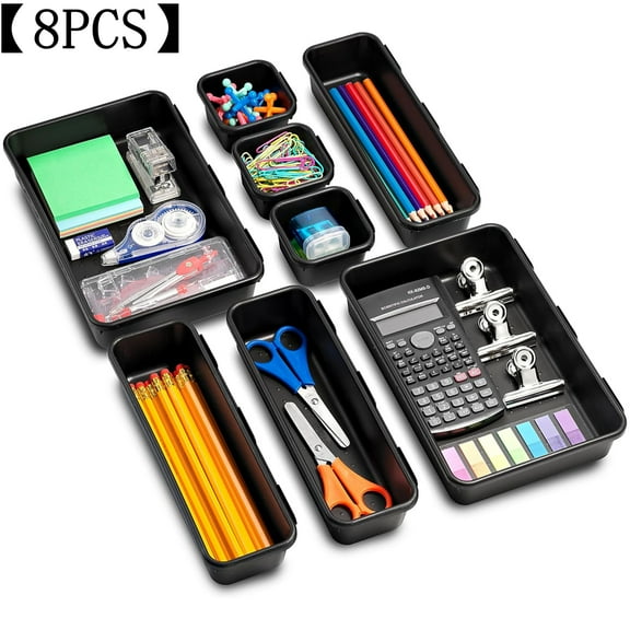 Bxaolu [8PCS]Plastic Desk Drawer Organizer, Bathroom Organizers and Storage, Makeup Organizer, Organization and Storage Bin Container for Vanity Office Utensils Tool Pantry Cosmetic, Black