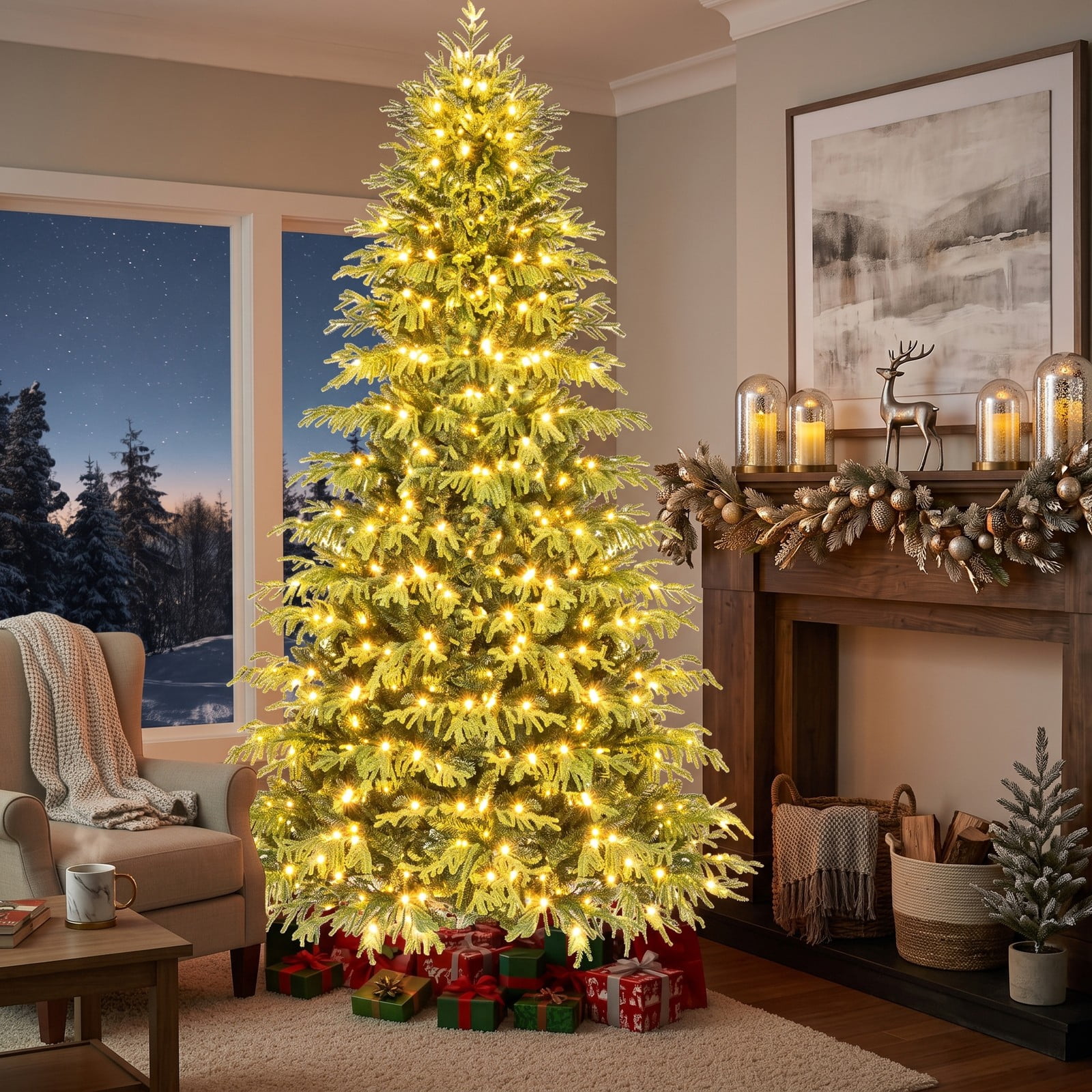 RUIE 8 FT Artificial Christmas Tree with 470 Warm White LED Lights, Pre-Lit Hinged Xmas Tree with 1470 PVC Mixed Branch Tips and Folding Metal Stand for Holiday, Green