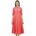 thumbnail image 1 of Bimba Robe en Coton pour Femmes Manches Retroussables Col Mandarin Boutonnée Mi-Mollet Robe Chemise, 1 of 8