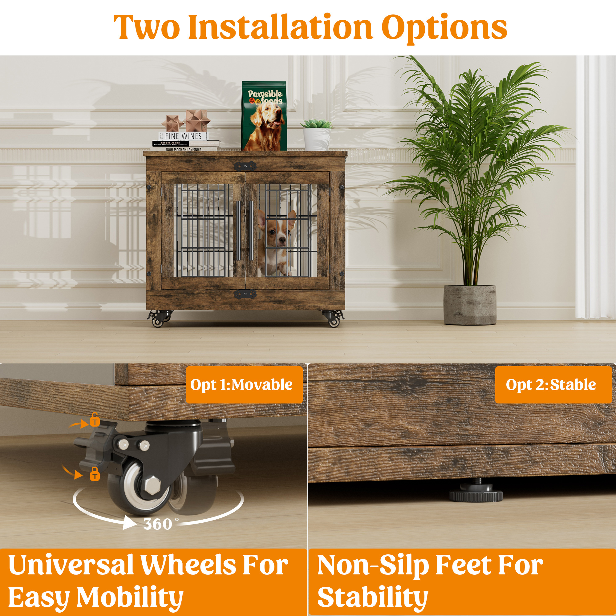 LainTene Wooden Dog Crate Furniture, Double Doors Dog Kennels for Inside with Pads and Wheels, Heavy Duty Dog Cage for Small Dogs, Brown