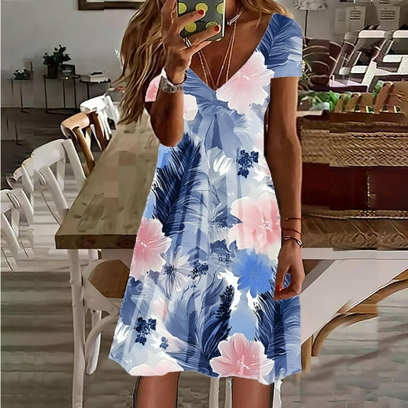 Womens Summer Dresses 2025 Petal Short Sleeve V Neck Loose Swing With Pockets Plain/Print Maxi Dress Short Sleeve Dress Summer Long Sleeve Maxi Dresses Petite Summer Dresses for Women Petite Length